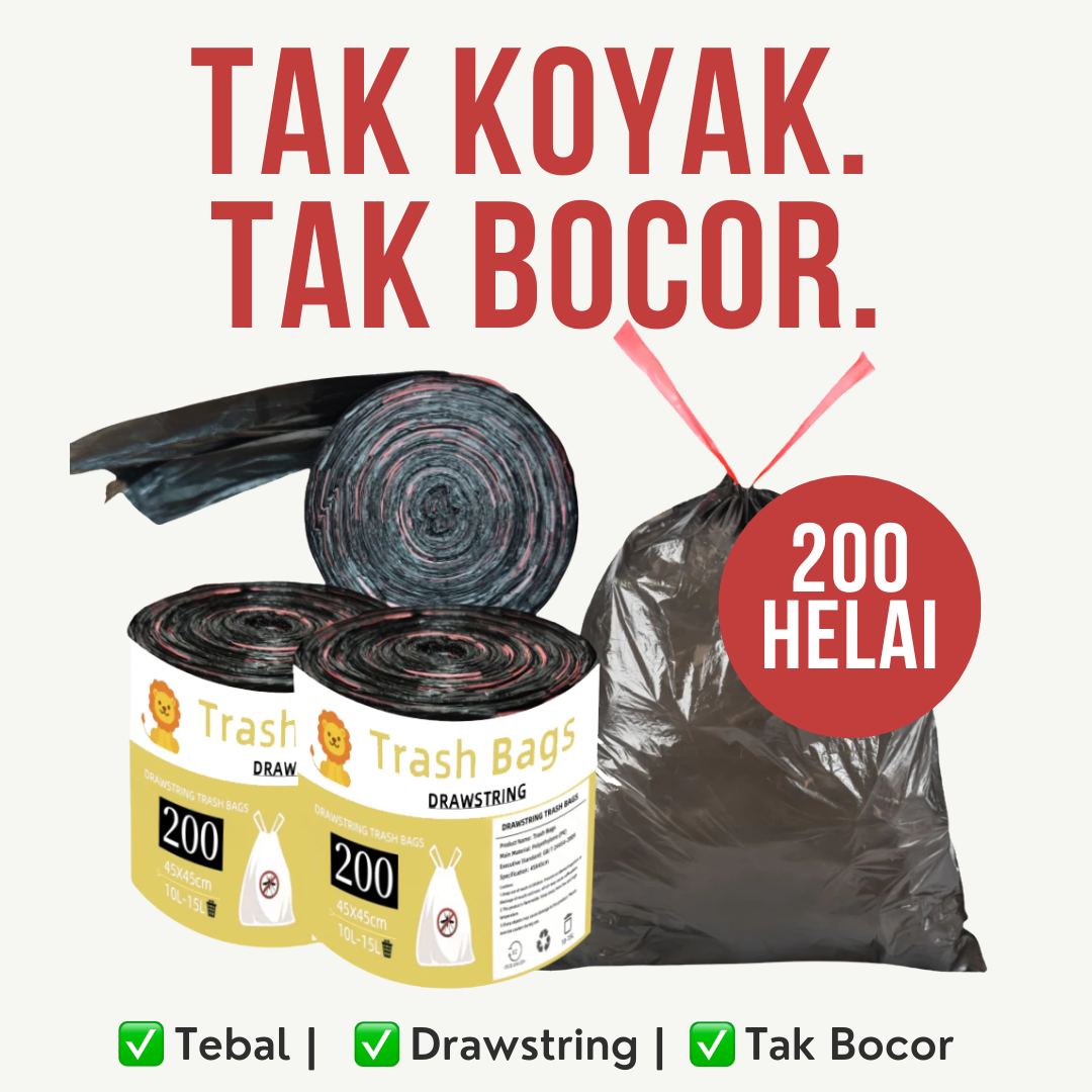 Beg Sampah Drawstring Premium — Tak Mudah Koyak, Tak Bocor!